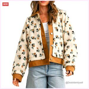 Oversized Sherpa Fleece Jacket Denim Collar Button Front Pockets